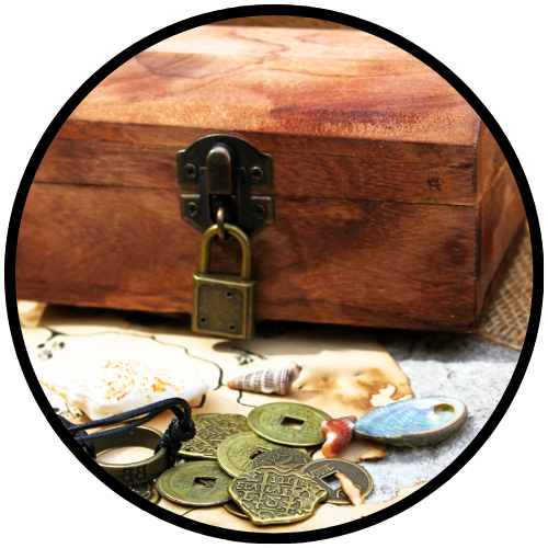 An ancient wooden treasure chest full of pirate plunder